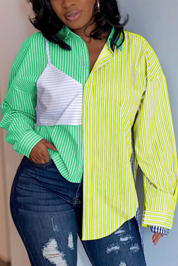 Yellow Fashion Casual Striped Print Split Joint Shirt Collar Tops