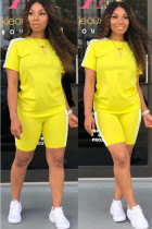 Yellow Polyester Fashion Casual adult Ma'am Patchwork Solid Two Piece Suits Straight Short Sleeve Two Pieces