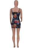 Black Fashion Sexy Print Backless Spaghetti Strap Sleeveless Dress