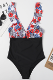 Red Sexy Solid Split Joint Flounce Swimwears