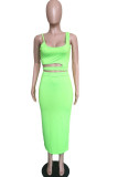 Green Polyester Fashion Celebrities Solid Two Piece Suits pencil Sleeveless Two Pieces