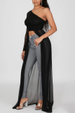 Red Sexy Patchwork Mesh One Shoulder Tops