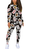 Black and white Polyester Fashion Casual adult Ma'am Print Two Piece Suits pencil Long Sleeve Two Pieces