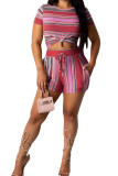 rose red Fashion adult Ma'am Street Striped Print Two Piece Suits Straight Short Sleeve Two Pieces