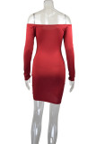 Wine Red Polyester Fashion Sexy Europe and America Off The Shoulder Long Sleeves One word collar Sheath skirt Solid Draped Dresses