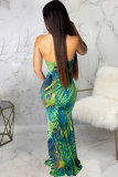 Green Polyester Sexy Fashion Off The Shoulder Sleeveless Wrapped chest Asymmetrical Floor-Length Patchwork