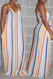 Rainbow Color Fashion Casual Striped Print Backless Spaghetti Strap Sleeveless Dress