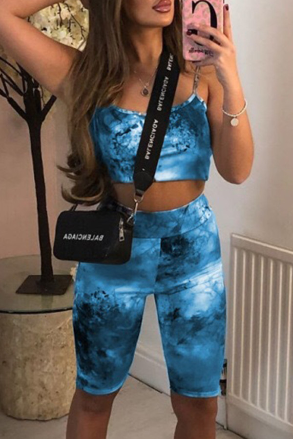 Peacock Blue Fashion Casual Print Tie Dye Backless Spaghetti Strap Sleeveless Two Pieces