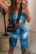 Peacock Blue Fashion Casual Print Tie Dye Backless Spaghetti Strap Sleeveless Two Pieces