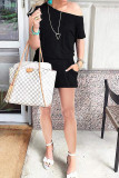 Coffee Fashion Sexy Solid Patchwork Cotton Short Sleeve one shoulder collar Rompers