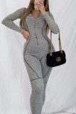 Grey Work Daily Polyester Solid Split Joint O Neck Regular Jumpsuits