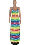 Red Fashion Sexy Spaghetti Strap Sleeveless Slip Pleated Floor-Length Print asymmetrical Patchwork