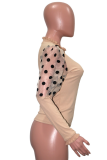 Red Sweet Patchwork Mesh Half A Turtleneck Tops