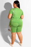 Fruit green Polyester Fashion Casual adult O Neck Patchwork Solid Two Piece Suits Stitching Plus Size