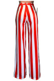 Red Polyester Drawstring Mid Striped Loose Pants Bottoms