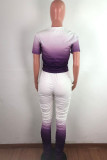 purple Polyester Fashion Casual adult Ma'am O Neck Gradient Two Piece Suits Stitching Plus Size