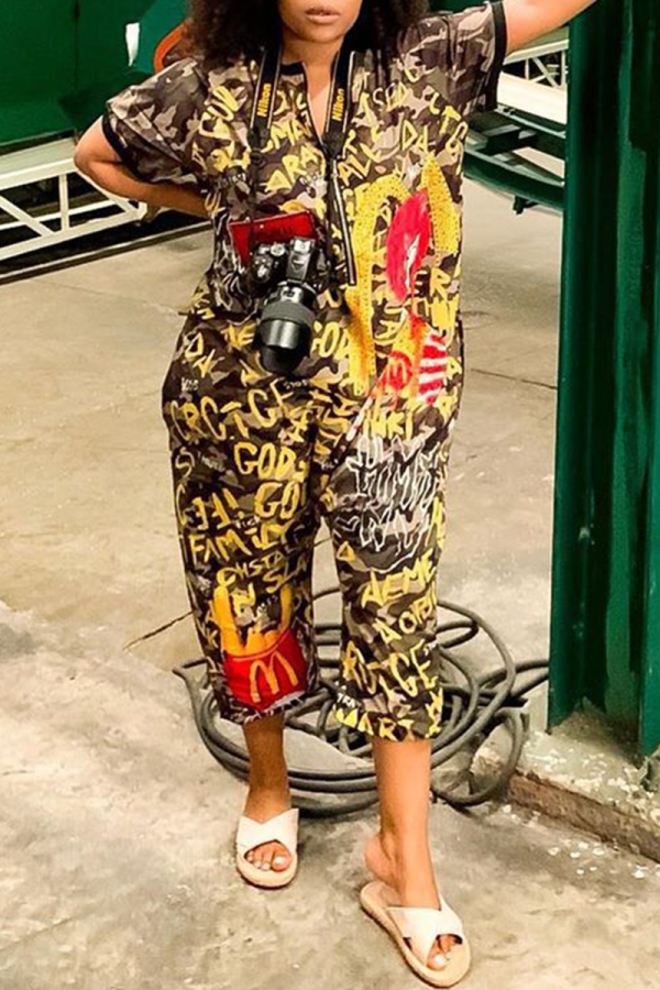 Camouflage Casual Camouflage Print Patchwork Zipper Collar Straight Jumpsuits