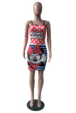 Red Polyester Fashion Sexy adult Red Pink Spaghetti Strap Sleeveless O neck Step Skirt Mini Print Patchwork Animal Dresses