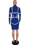 Blue Polyester Fashion Sexy Cap Sleeve Long Sleeves O neck Step Skirt Mini Patchwork chain Print Club Dr
