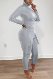 Grey Sportswear Solid Slit Turtleneck Long Sleeve Two Pieces