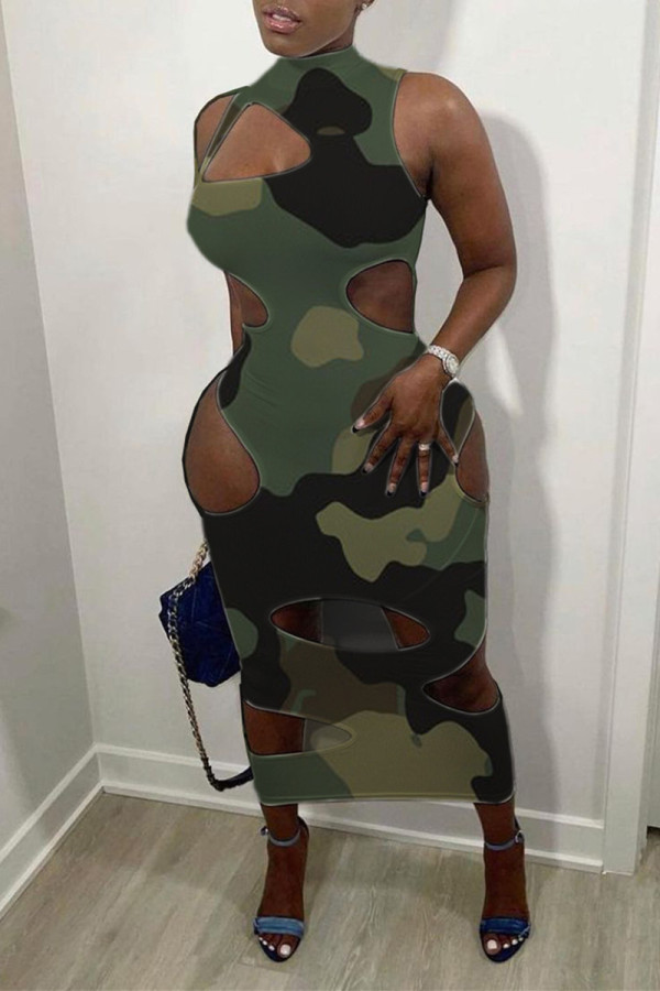 Camouflage Fashion Sexy Camouflage Print Hollowed Out Half A Turtleneck Sleeveless Dress