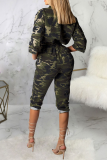 Army Green Sexy Camouflage Print Split Joint Turndown Collar Regular Jumpsuits