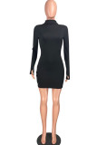 Black Fashion Casual Adult Letter Solid Embroidered Letter O Neck Long Sleeve Mini Pencil Skirt Dresses