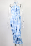 Blue Sexy Print Patchwork Halter Pencil Skirt Dresses