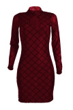 Wine Red Sexy Patchwork O Neck Wrapped Skirt Dresses