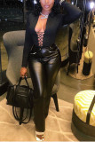Black Sexy Solid Hollowed Out Turndown Collar Tops