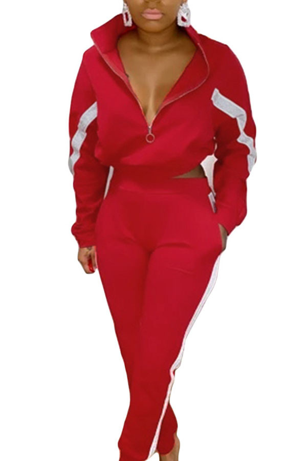 Red Active Patchwork Fluorescent pencil Long Sleeve Two Pieces