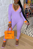Light Purple Casual Solid Patchwork V Neck Regular Jumpsuits