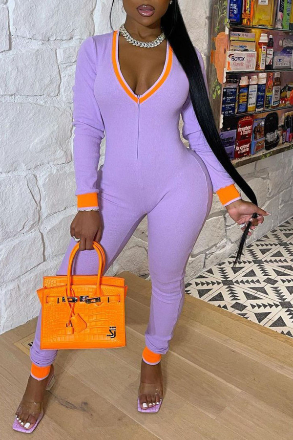 Light Purple Casual Solid Patchwork V Neck Regular Jumpsuits