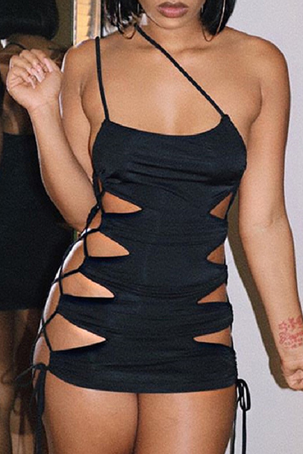 Black Sexy Print Hollowed Out Spaghetti Strap Pencil Skirt Dresses