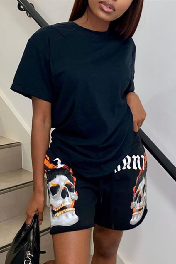Black Fashion Casual Print Basic O Neck Short Sleeve Two Pieces