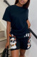 Black Fashion Casual Print Basic O Neck Short Sleeve Two Pieces