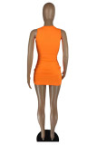 Orange Sexy Solid Hollowed Out Fold V Neck Vest Dress