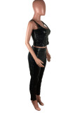 Black Street Solid Backless Spaghetti Strap Sleeveless Two Pieces