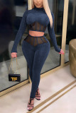Tibetan Blue Fashion Sexy Solid Split Joint See-through O Neck Long Sleeve Two Pieces