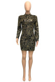 Gold Fashion Sexy Embroidery Sequins Patchwork Half A Turtleneck Long Sleeve Dresses