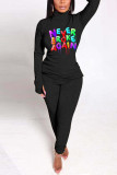 Wine Red Casual Letter Print Patchwork O Neck Long Sleeve Two Pieces