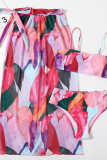 Rose Red Sexy Print Split Joint Swimwears Three Pieces
