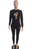 White venetian Casual Print Patchwork Two Piece Suits pencil Long Sleeve 