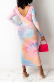 Pink Fashion Sexy Print Basic V Neck Long Sleeve Dress