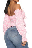 Pink Polyester Wrapped chest Short Sleeve Plaid Patchwork Print bow-knot HOLLOWED OUT Tops