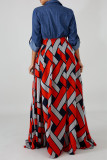 Red Fashion Casual Print Patchwork Turndown Collar Long Sleeve Dresses
