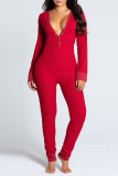 Red Casual Print V Neck Skinny Jumpsuits