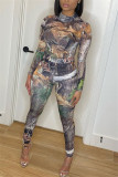 Multicolor Fashion Sexy Print See-through O Neck Long Sleeve Two Pieces