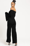 Blue Sexy Patchwork Solid Ruffled Polyester Long Sleeve one word collar Jumpsuits
