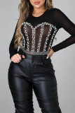 Red Fashion Sexy Patchwork See-through Hot Drill O Neck Skinny Romper